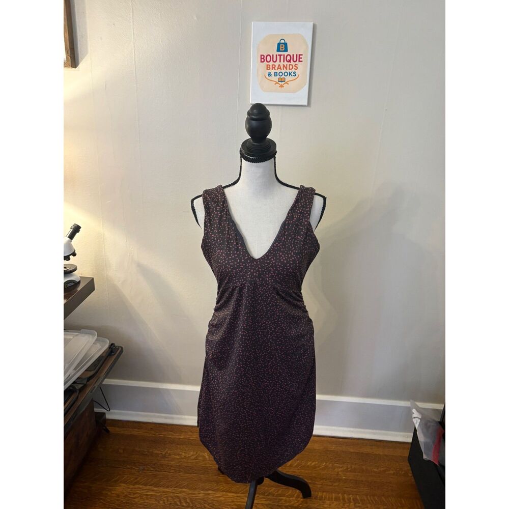 prAna Brown Pink Abstract Print Deep V-Neck Ruched Sleeveless Midi Dress